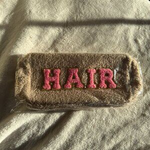 NWT, Chenille Letter Preppy Patches Travel Bag, "HAIR" Pouch, Tan with Pink